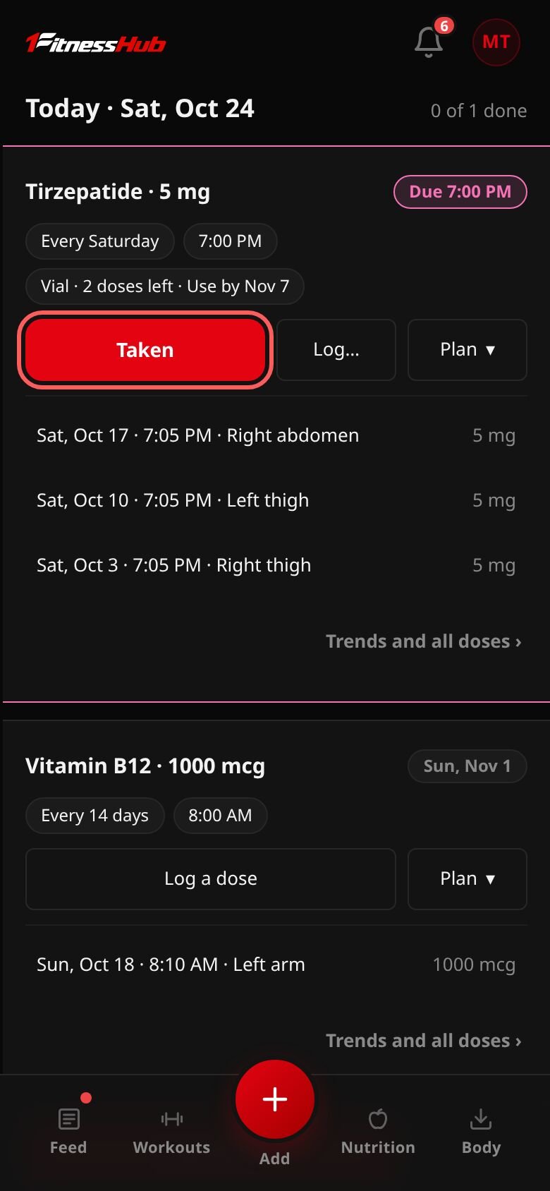Peptides on Today: a card for Tirzepatide 5 mg, due at 7:00 PM, with its plan, Taken ringed, Log… and Plan, and its last three doses; then a card for Vitamin B12.