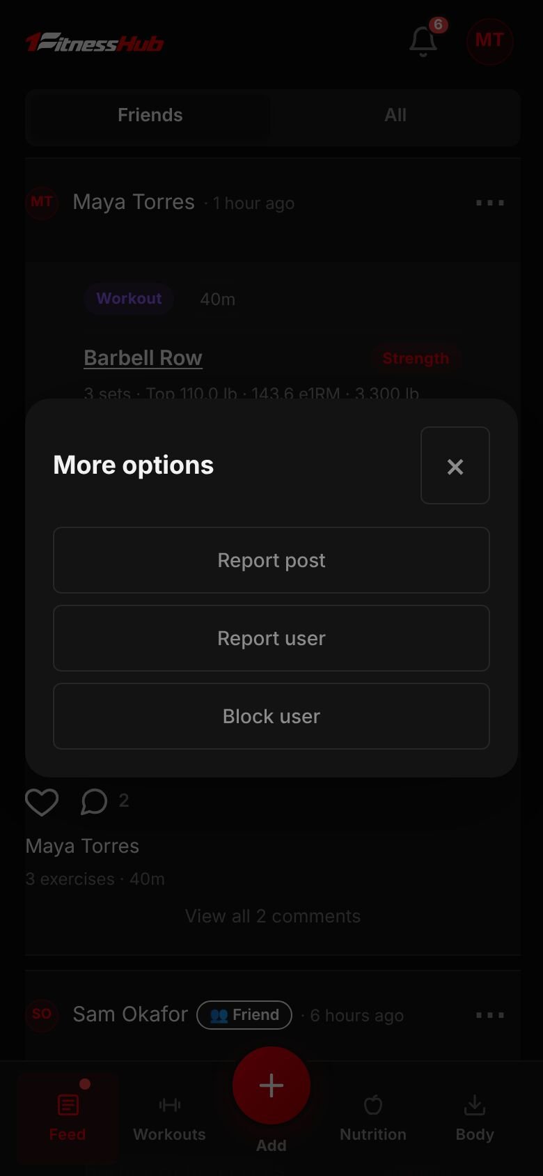 The More options dialog from a post: Report post, Report user and Block user.
