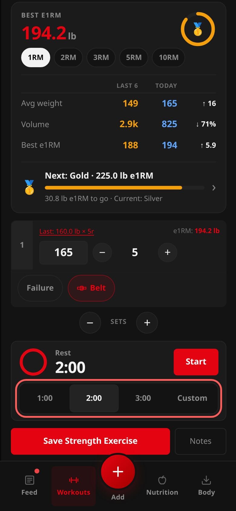 The rest timer under the sets: a red ring, 2:00, a Start button, and the lengths 1:00, 2:00, 3:00 and Custom, ringed.