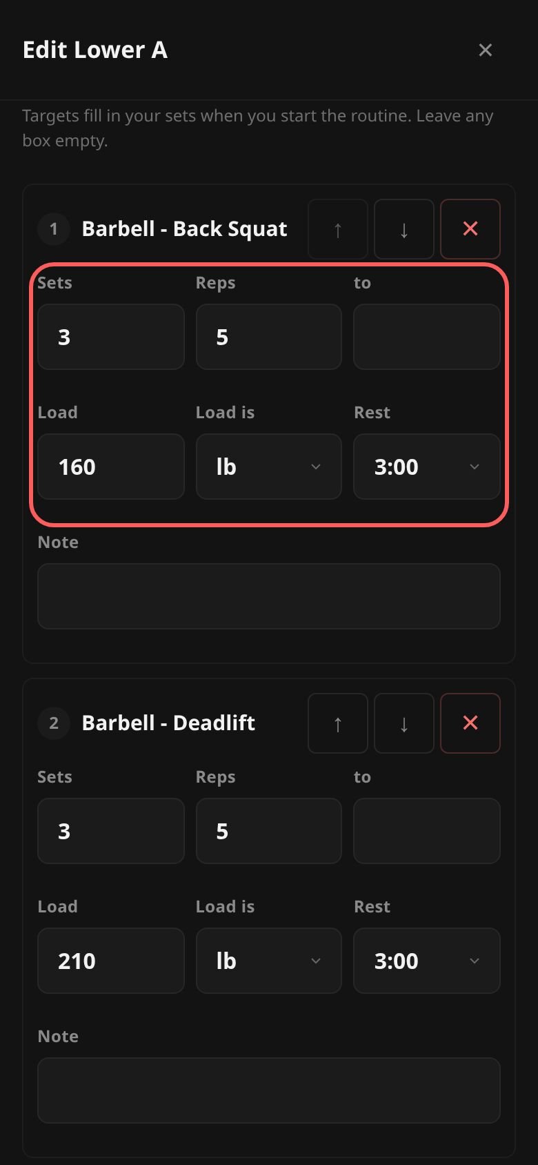 The routine builder: a name, notes, then Barbell - Back Squat with Sets 3, Reps 5, Load 160 lb and Rest 3:00.