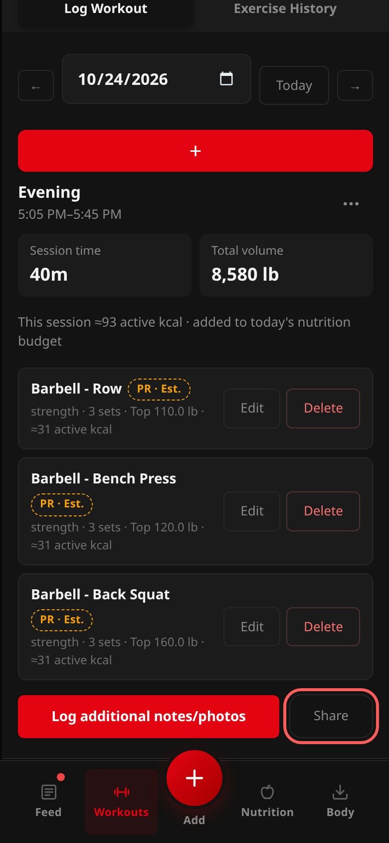 Today's session in Workouts with the Share button, beside Log additional notes/photos, ringed.