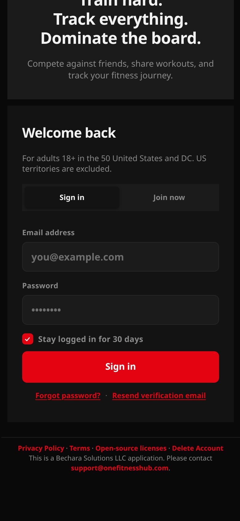 The sign-in screen: Welcome back, email address, password, Stay logged in for 30 days ticked, Sign in, Forgot password and Resend verification email.