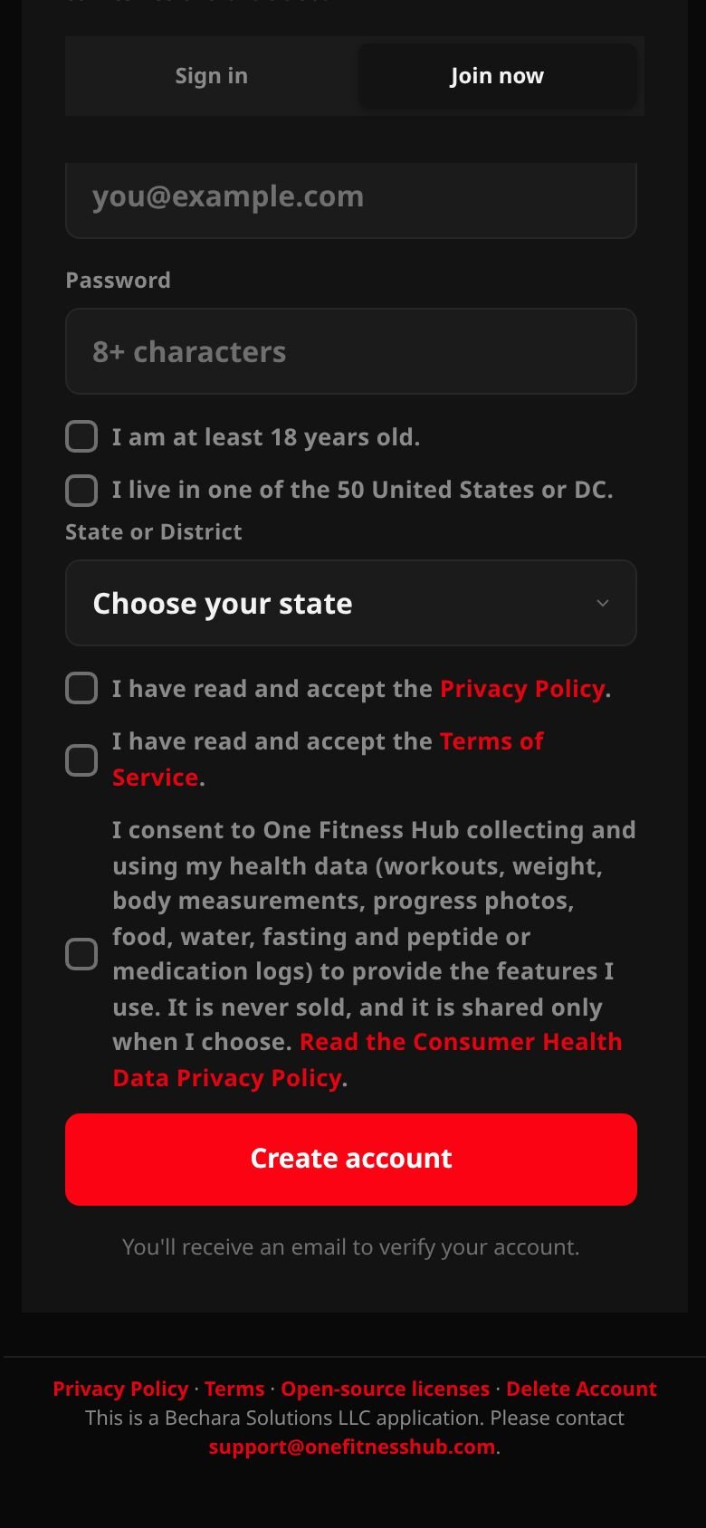 The end of the Join now form: the 18+ and residence boxes, state, the Privacy Policy and Terms boxes, the separate health data consent box, and Create account.