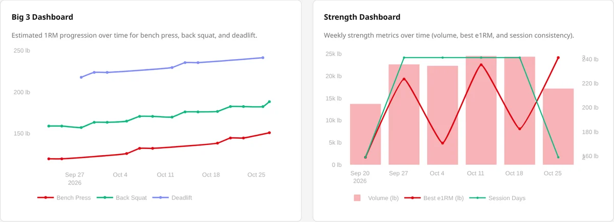 Real light-theme strength analytics: estimated one-rep max trends for bench press, squat, and deadlift, with weekly strength history. Fictional demo data.