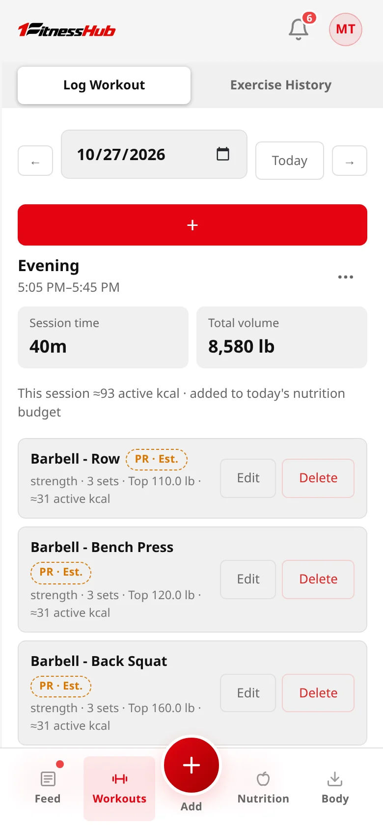 Real light-theme workout log showing a fictional member’s recorded training session.