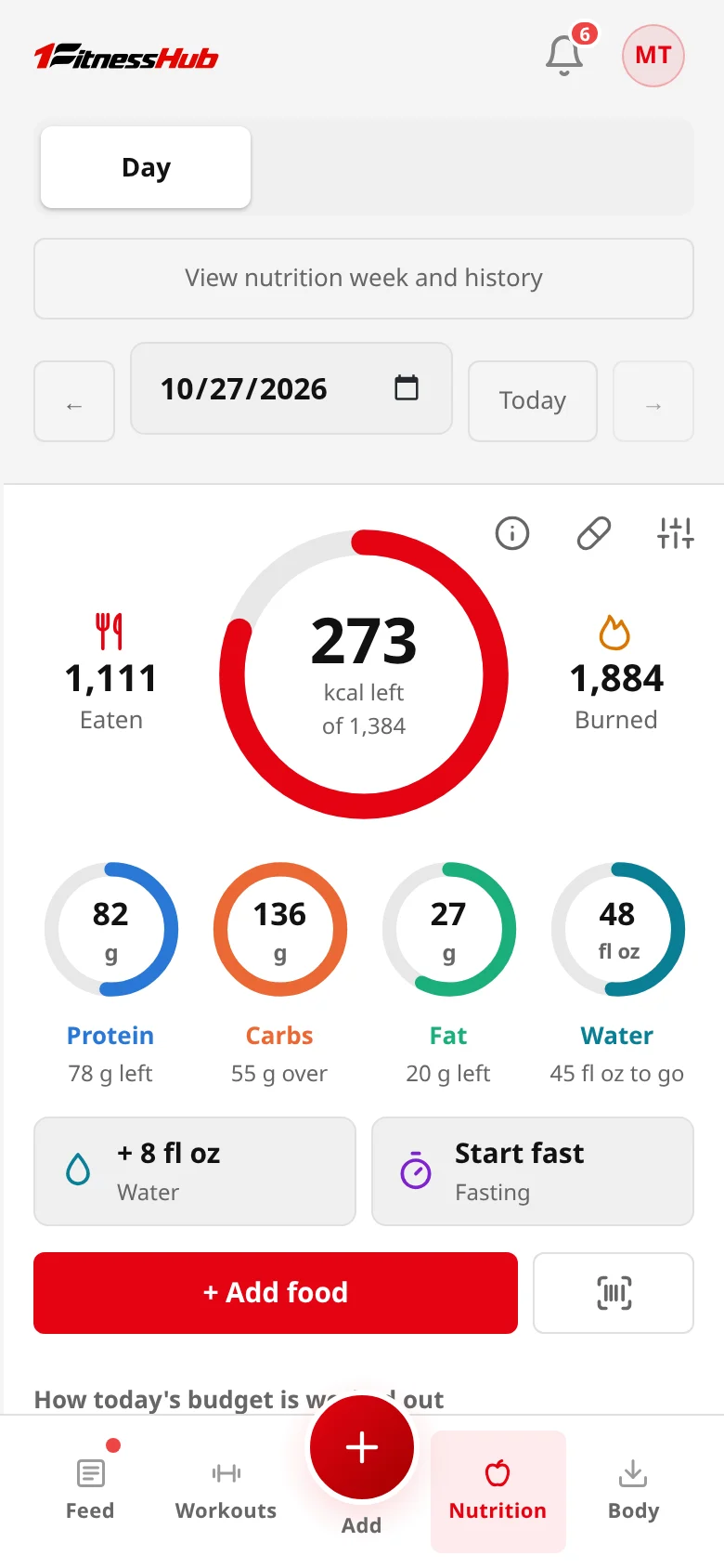 The app’s real light-theme Nutrition Day screen, showing food, macro, and water tracking with fictional sample data.