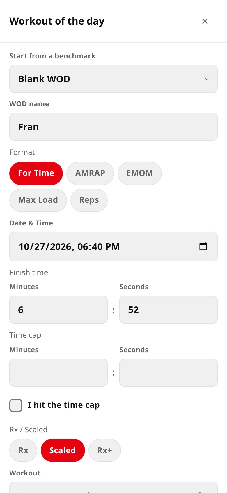 Real light-theme WOD logging form with workout format, result, and scaling controls. Fictional sample data.