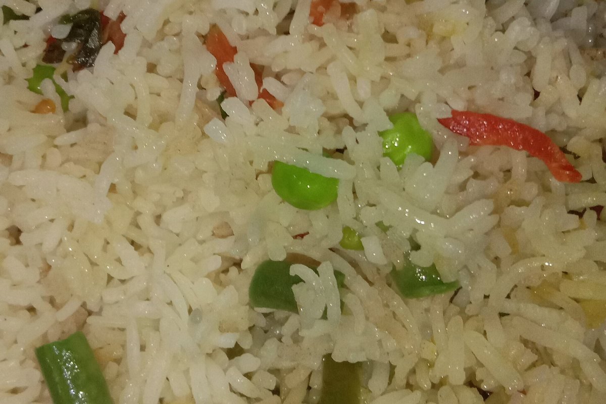 A plate of fried rice made with basmati rice.