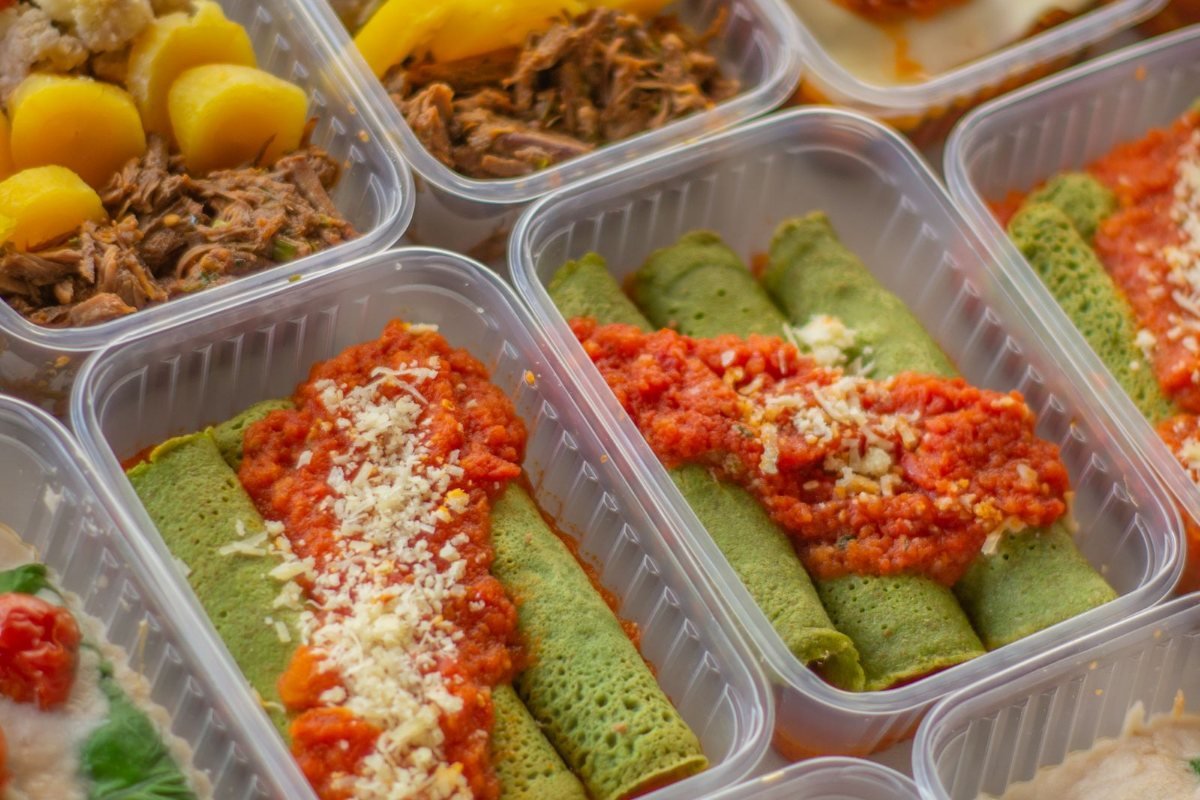Meal-prep boxes of vegetables, grains and protein.