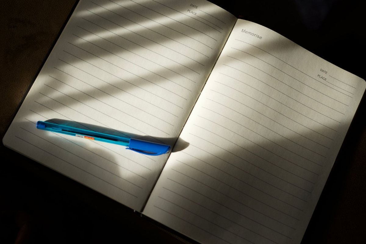 A blue pen resting on an open lined notebook in a stripe of daylight.