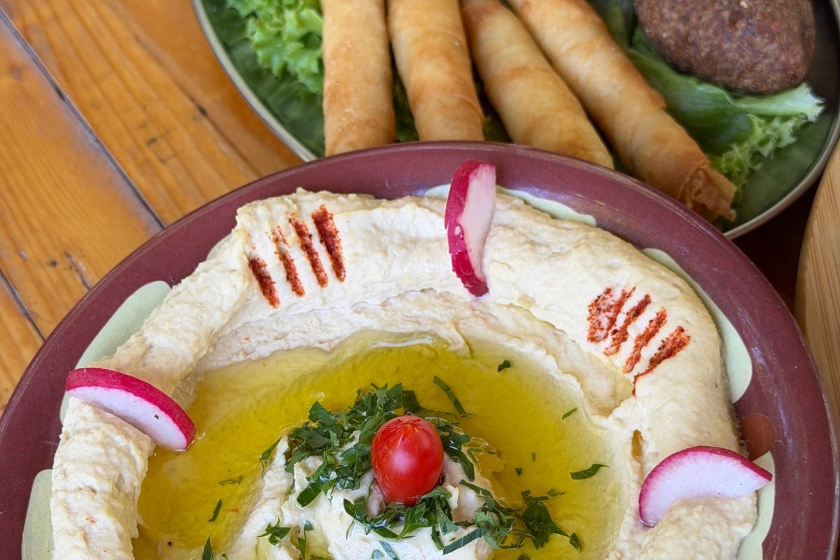 A Lebanese mezze platter with hummus and kibbeh.